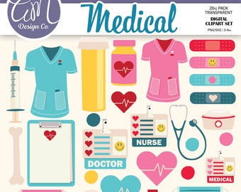 Medical Clipart Set, Nurse Doctor Clipart, Stethoscope Healthcare Hospital Scrubs Illustrations, Commercial Use, SVG PNG