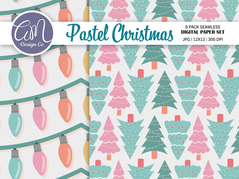 Pink Christmas Digital Paper, Pastel Seamless Pattern, Candy Cane