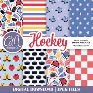 May include: A digital paper set featuring eight seamless patterns with a hockey theme. Designs include hockey pucks, skates, jerseys, and stripes in red, blue, yellow, and white. The text "Hockey" is displayed in red, and "Digital Download" is at the bottom.