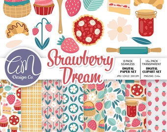 Erdbeer-Garten Digitales Papier und Clipart-Set, Cottagecore-Frucht-nahtloses Muster, Frühlings-Sommer-Hintergrund, kommerzielle Nutzung, png svg jpeg