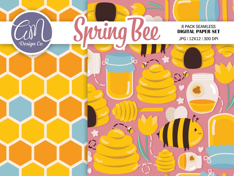 Honey Bee Digital Paper and Clipart Set, Spring Seamless Pattern ...