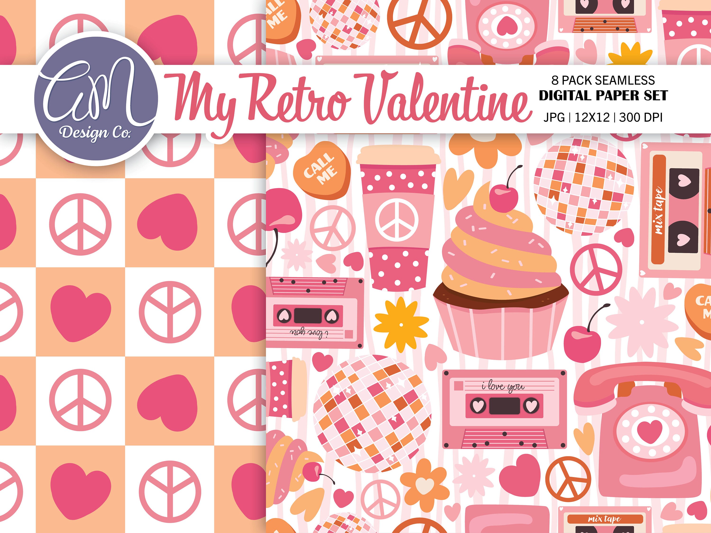 Retro Valentine Digital Paper, Hippie Daisy Seamless Pattern, Cassette ...