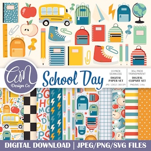 Zurück zu Schule digitales Papier und Clipart-Set, Lehrer Clipart, Klassenzimmer Dekor nahtlose Muster, Junge Mädchen Kind, kommerzielle Nutzung, png svg jpeg