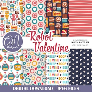Puede incluir: Un paquete de papel digital con ocho patrones sin costuras que presentan robots, corazones, caramelos y engranajes. Los patrones tienen un tema de San Valentín con colores como rojo, rosa, azul, amarillo y blanco. El texto "Robot Valentine" aparece en el centro de la imagen.