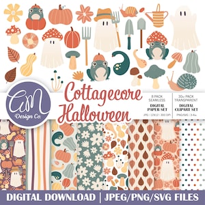 Puede incluir: Un conjunto de clipart digital con ilustraciones de Halloween de estilo cottagecore. El conjunto incluye 30 archivos PNG y SVG transparentes de fantasmas, ranas, calabazas, hongos, calabacines, hojas y otros elementos otoñales. El conjunto también incluye 8 patrones de papel digital sin costuras en formato JPG.