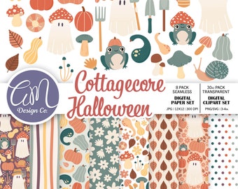 Pode incluir: Um conjunto de clipart digital com ilustrações de Halloween de estilo cottagecore. O conjunto inclui 30 arquivos PNG e SVG transparentes de fantasmas, sapos, abóboras, cogumelos, abobóras, folhas e outros elementos de outono. O conjunto também inclui 8 padrões de papel digital sem costura em formato JPG.