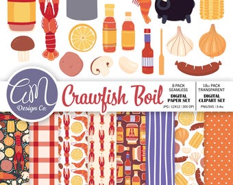 Crawfish Boil Digitales Papier und Clipart-Set, Nahtloses Muster mit Meeresfrüchten und Garnelen, Louisiana-Hintergrund, Fastenzeit, kommerzielle Nutzung, png svg jpeg