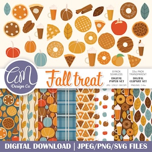 Fall Digital Paper, Autumn Clipart Bundle, Thanksgiving Seamless Repeat Pattern, Pumpkin Spice, Harvest, Leaves, Commercial Use, PNG SVG