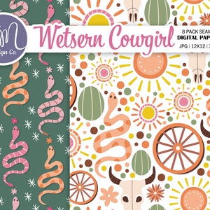Western cowgirl digitaal papier, naadloos boho-landpatroon, cactusplakboekpapier, woestijnachtergrond, uitnodiging voor feest, commercieel gebruik afbeelding 4