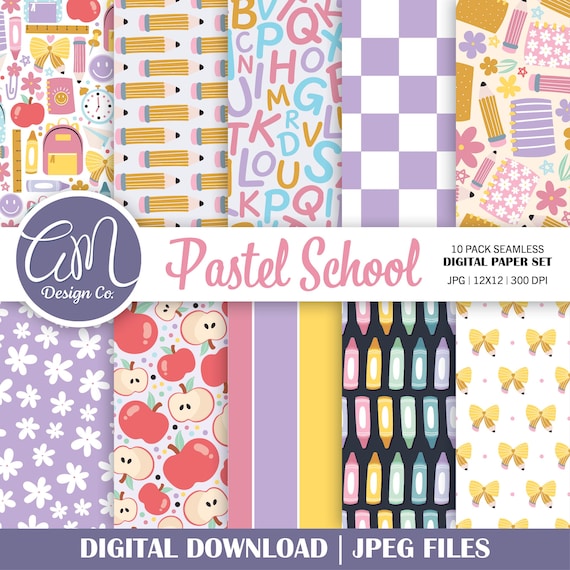 Pastel Back to School Seamless Pattern, Cutecore Education Teacher Digital Paper, Classroom Décor Background, Stationery, Commercial Use