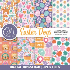 Ostern Hund Digitales Papier, Golden Doodle Frühling nahtlose Muster, Osterei Scrapbook Papier, Hund Mama Hintergrund, kommerzielle Nutzung