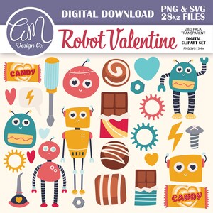 Bundle de cliparts garçon robot Saint-Valentin, clipart vacances pour carte de la Saint-Valentin, numérique enfant, bonbons, coeurs, chocolat, usage Commercial, svg png