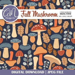 Pilz digitales Papier, Natur nahtlose Muster, Herbst Blätter Wald Hintergrund, Cottage Core druckbare Papiere, Scrapbook, kommerzielle Nutzung
