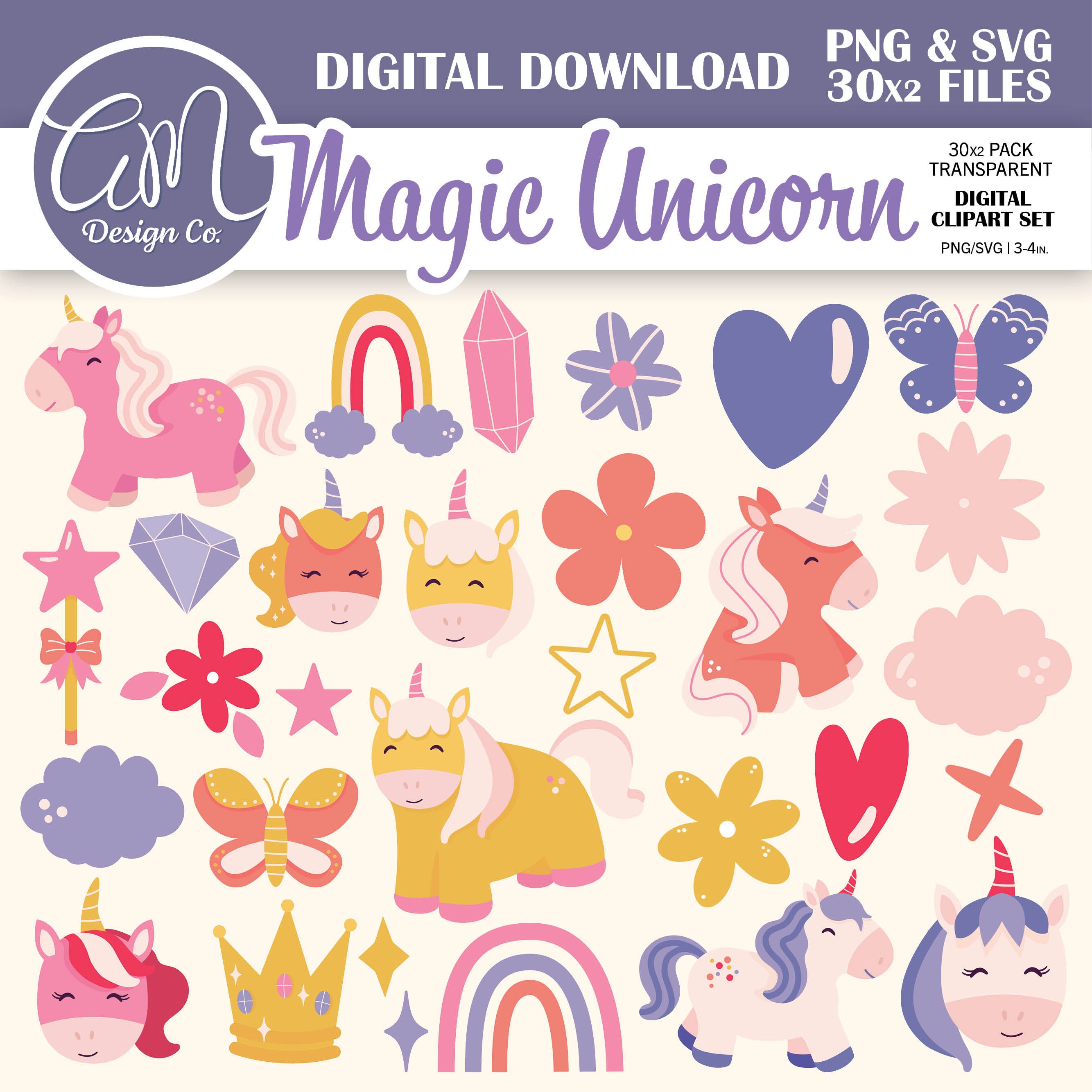 Magic Unicorn Clipart Bundle, Cute Fantasy Clipart for Birthday ...