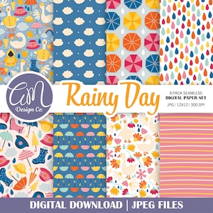 Puede incluir: Un conjunto de ocho patrones de papel digital con varios temas de días lluviosos. Los patrones incluyen paraguas, gotas de lluvia, nubes, patos y flores en una variedad de colores. Los patrones son sin costuras y se pueden usar para scrapbooking, creación de tarjetas y otros proyectos de manualidades. El texto "Rainy Day" aparece en el centro de la imagen.