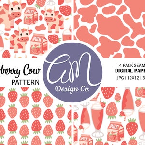 Modello senza cuciture mucca fragola, carta digitale fragola, sfondo stampa animalier, uso commerciale latte rosa Kawaii, JPEG, download istantaneo