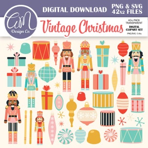 May include: A digital clipart set of vintage Christmas illustrations featuring nutcrackers, ornaments, drums, and gift boxes in a red, pink, blue, and yellow color scheme. PNG & SVG 42x2 files.  Transparent.