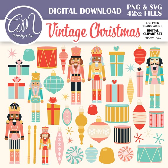 Nutcracker Retro Christmas Clipart Set, 1950s Christmas SVG Bundle, Vintage Christmas Ornaments, Pastel, Commercial Use, PNG SVG