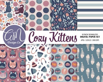 May include: A digital paper pack with eight seamless patterns featuring cute kittens, yarn balls, flowers, fish bones, and winter hats. The patterns are in shades of blue, pink, and white. The text "Cozy Kittens" is displayed in a large font at the top of the image.