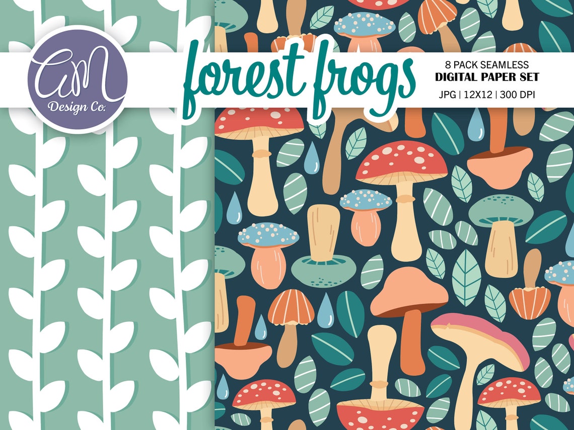 Spring Cute Frog Digital Paper, Mushroom Seamless Pattern, Cottage Core ...