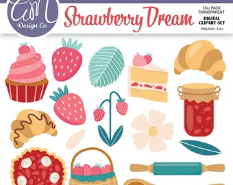 Erdbeere Garten Clipart Bundle, Frühling und Sommer Cottagecore Clipart, Obst digitale Designs für Party-Einladung, kommerzielle Nutzung, png svg