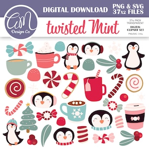 Paquete de imágenes prediseñadas de Navidad de menta, imágenes prediseñadas de pingüino de invierno para tarjetas navideñas, bastón de caramelo, planificador digital, uso comercial, png svg