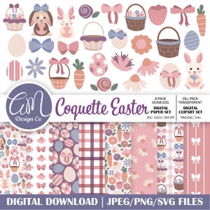 May include: A digital clipart set with a pink, white, and blue color scheme featuring Easter-themed illustrations. The set includes bunnies, baskets, eggs, bows, carrots, flowers, and patterned paper. The text "Coquette Easter" is featured in the center of the image.