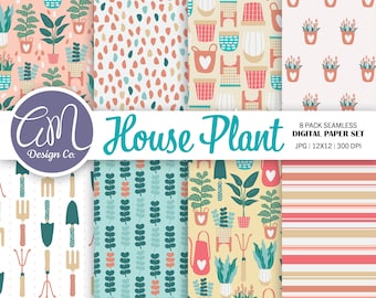 Può includere: Un set di otto motivi di carta digitale con piante da interno, attrezzi da giardinaggio e disegni geometrici in una varietà di colori, tra cui rosa, verde, blu e giallo. I motivi sono senza cuciture e possono essere utilizzati per lo scrapbooking, la creazione di biglietti e altri progetti di artigianato.