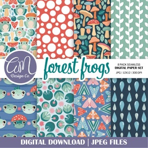 May include: A set of eight digital paper designs featuring forest frogs, mushrooms, leaves, water lily pads, moths, and raindrops. The papers are in a variety of colours, including green, blue, red, and white. The papers are 12x12 inches and 300 DPI.