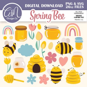 May include: A digital clipart set featuring 26 illustrations of spring bees, honey jars, flowers, rainbows, and a beehive. The illustrations are in a cartoon style and are perfect for crafting and design projects.