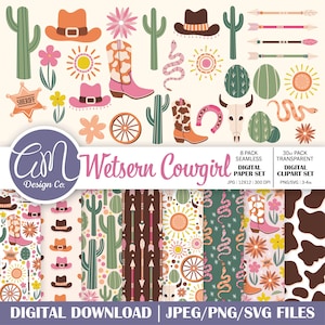 Zestaw papieru cyfrowego i clipart Western Cowgirl, wzór bezszwowej pustyni Boho, tło kaktusa, rodeo wiejskie, zastosowanie komercyjne, png svg jpeg