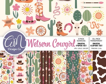 Western cowgirl digitaal papier en clipart set, Boho woestijn naadloos patroon, cactus achtergrond, land rodeo, commercieel gebruik, png svg jpeg