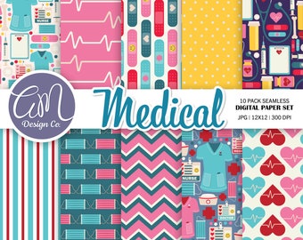 Medical Digital Paper, Nurse Doctor Seamless Pattern, Stethoscope Healthcare Scrapbook Paper, Nursing Background, Commercial Use