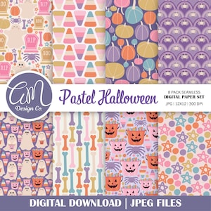 Pastel Halloween Digital Paper, Cute Halloween Seamless Pattern, Pink Ghost Scrapbook Paper, Pumpkin Candy Spider Background, Commercial Use