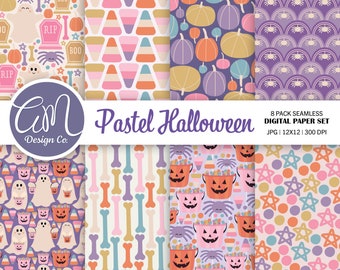 Pastel Halloween Digital Paper, Cute Halloween Seamless Pattern, Pink Ghost Scrapbook Paper, Pumpkin Candy Spider Background, Commercial Use