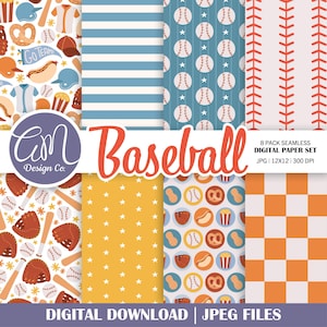 May include: A digital paper set with baseball-themed patterns. The set includes designs with baseballs, baseball stitching, stripes, stars, and baseball-related icons. The text "Baseball" is in a red script font. The set is labeled as a digital download.