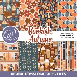 May include: A set of eight digital paper designs featuring autumnal themes. The designs include books, pumpkins, coffee cups, mushrooms, and floral patterns. The papers are 12x12 inches and 300 DPI.