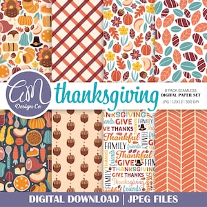 May include: A set of eight digital Thanksgiving themed seamless patterns. The patterns include a variety of Thanksgiving elements such as pumpkins, leaves, acorns, and turkeys. The patterns are in a variety of colours, including orange, brown, red, and green. The patterns are perfect for creating Thanksgiving crafts, cards, and decorations.