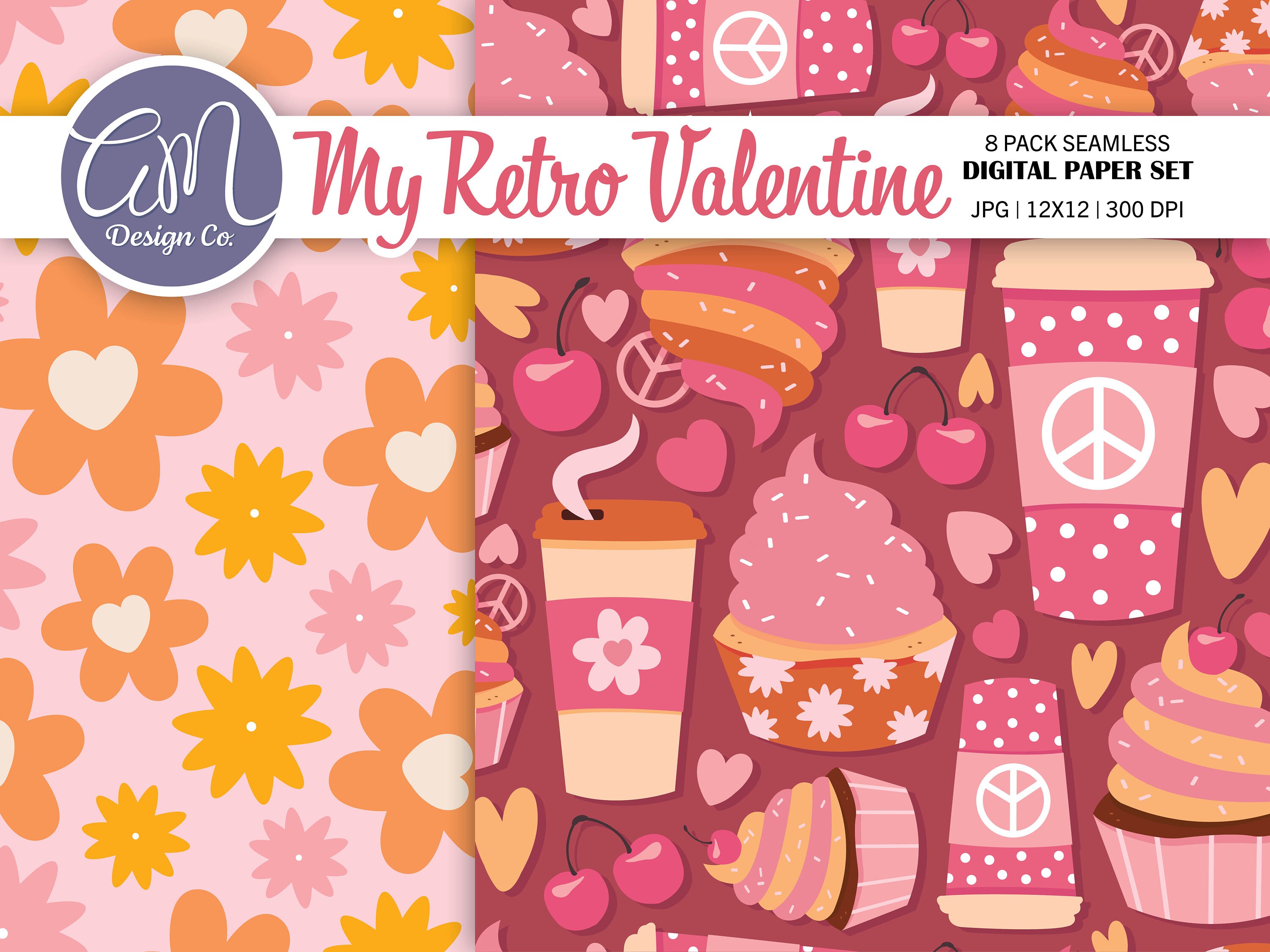 Retro Valentine Digital Paper, Hippie Daisy Seamless Pattern, Cassette ...