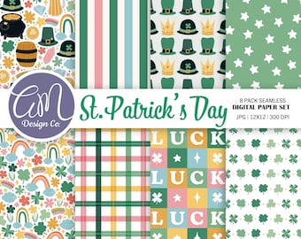 St Patrick's Day Digital Paper, Irish Clover Seamless Pattern, Lucky Shamrock Scrapbook Paper, Spring Rainbow Background, Commercial Use