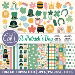 Conjunto de imágenes prediseñadas y papel digital del Día de San Patricio, patrón sin costuras de trébol irlandés, fondo de trébol de la suerte, uso comercial, png svg jpeg