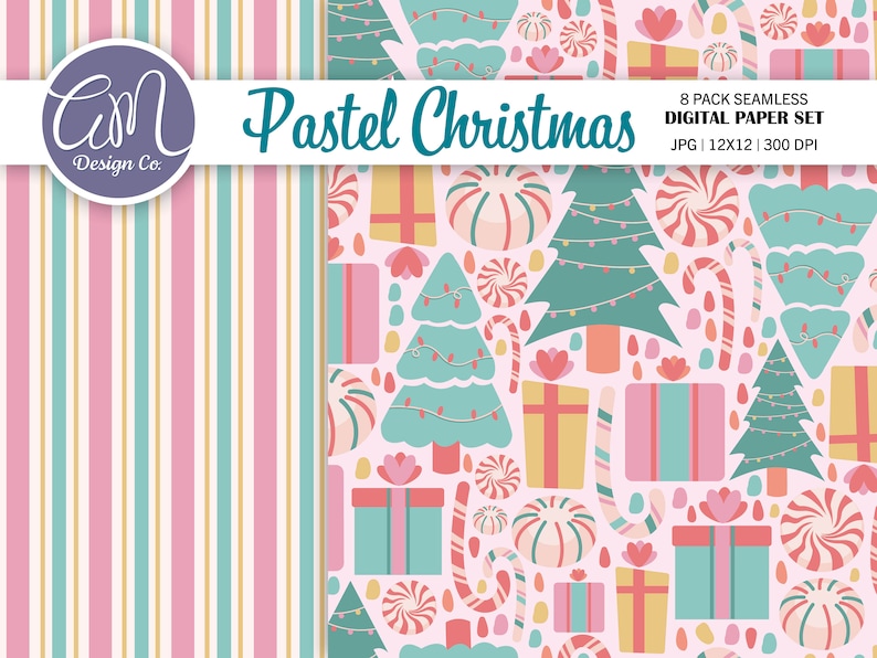 Pink Christmas Digital Paper, Pastel Seamless Pattern, Candy Cane
