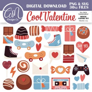 Cool Boy Valentine-clipartbundel, Kid Holiday-clipart voor Valentijnskaarten, chocolade digitaal, snoep, skateboard, commercieel gebruik, png-svg