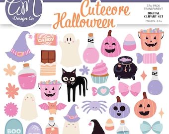 Cutecore ハロウィン クリップアート バンドル、ピンク パステル クリップアート、不気味な季節、カボチャと幽霊のデジタル、キャンディ コーン、商用利用可、png svg