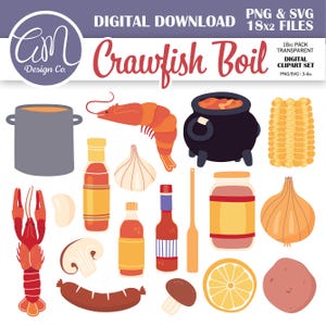 K&ouml;nnte beinhalten: Ein digitaler Clipart-Satz mit 18 Zutaten f&uuml;r ein Crawfish-Boil, darunter ein Crawfish, Garnelen, Maiskolben, Kartoffeln, Zwiebeln, Knoblauch, Zitronen, Pilze, Wurst, scharfe Sauce und ein Topf mit Crawfish-Boil.