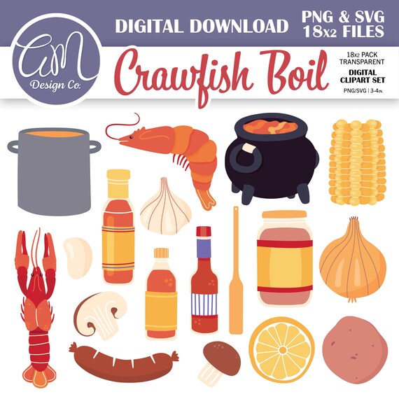 Crawfish Boil Clipart Bundle, Seafood and Shrimp Clipart for Lent, Louisiana Digital, Southern Food, Commercial Use, png svg