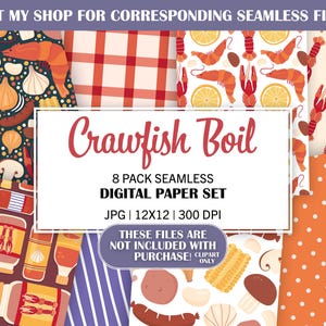 K&ouml;nnte beinhalten: Ein digitales Papierpaket mit 8 nahtlosen Mustern mit Bildern von Crawfish-Kochens. Die Muster beinhalten Krebse, Maiskolben, Zitronen, rot-wei&szlig; kariertes Stoff und Punkte. Der Text "Crawfish Boil" ist in Rot und Wei&szlig;. Der Text "8 Pack Seamless Digital Paper Set" ist in Schwarz. Der Text "JPG | 12x12 | 300 DPI" ist in Schwarz. Der Text "Diese Dateien sind nicht im Kauf enthalten! Nur Clipart" ist in Schwarz und Wei&szlig;.