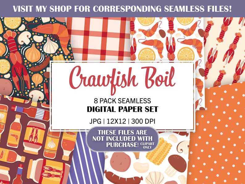 K&ouml;nnte beinhalten: Ein digitales Papierpaket mit 8 nahtlosen Mustern mit Bildern von Crawfish-Kochens. Die Muster beinhalten Krebse, Maiskolben, Zitronen, rot-wei&szlig; kariertes Stoff und Punkte. Der Text "Crawfish Boil" ist in Rot und Wei&szlig;. Der Text "8 Pack Seamless Digital Paper Set" ist in Schwarz. Der Text "JPG | 12x12 | 300 DPI" ist in Schwarz. Der Text "Diese Dateien sind nicht im Kauf enthalten! Nur Clipart" ist in Schwarz und Wei&szlig;.