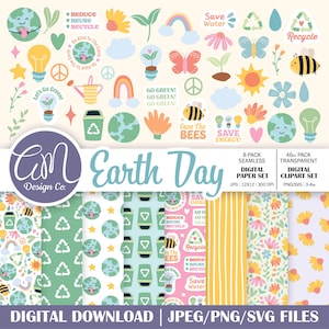 May include: A digital Earth Day themed set with illustrations of the Earth, bees, flowers, rainbows, and recycling symbols. Includes digital paper and clipart sets. The text reads "Reduce, Reuse, Recycle" and "Save the Bees".