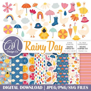 Conjunto de papel digital e clipart Rainy Day Goose, padrão sem emendas de primavera, fundo de chuvas de abril, flores, uso comercial, png svg jpeg
